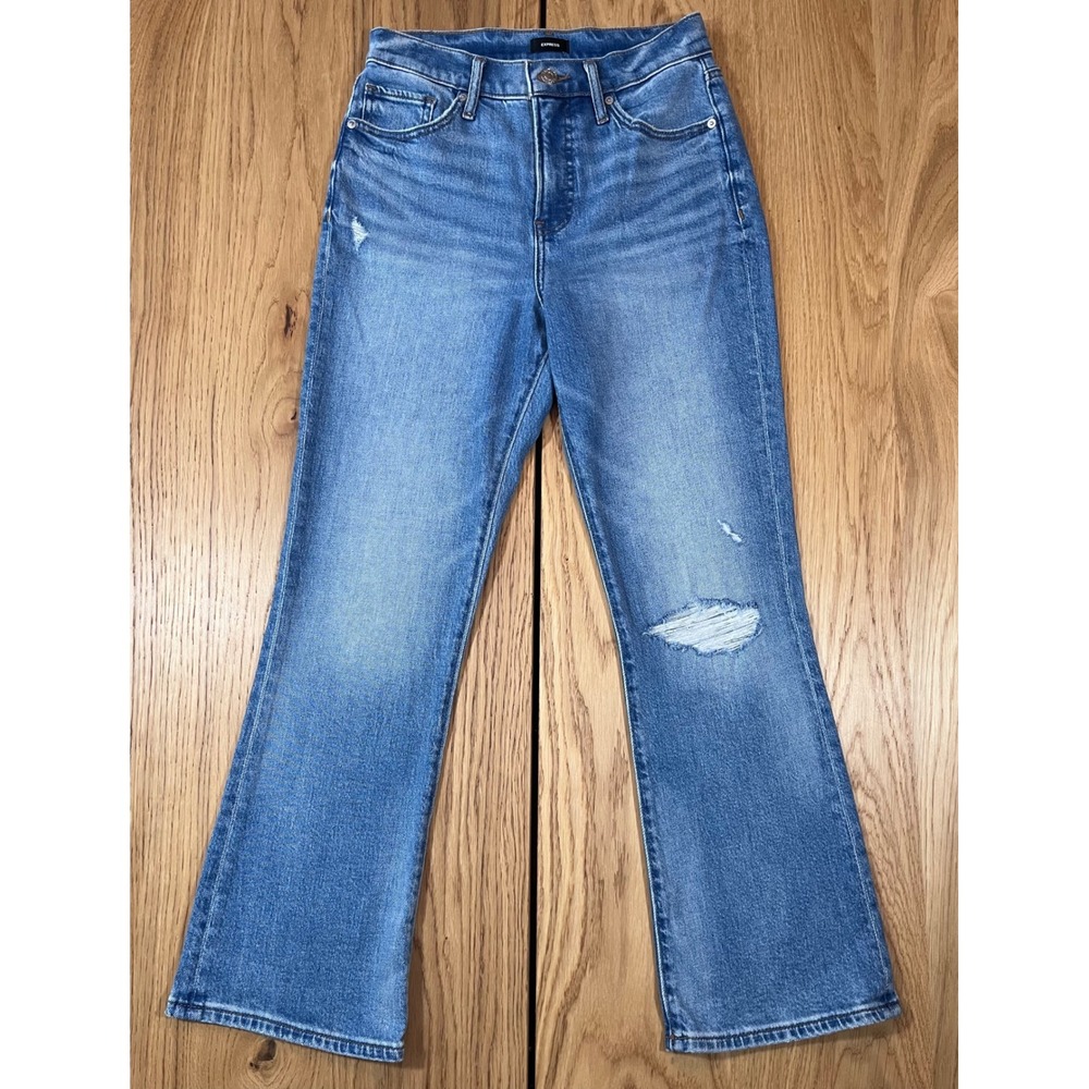 Express Cropped Flare Jeans Womens Size 4 Blue Distressed High Rise Stretch